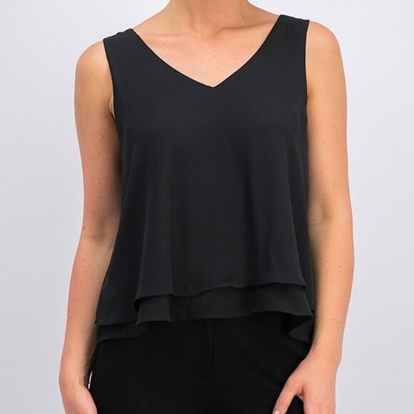 NWOT Signature8 Black Double Ruffle Hem V-Neck Tank Crop Top Women’s Size Large - Picture 1 of 13